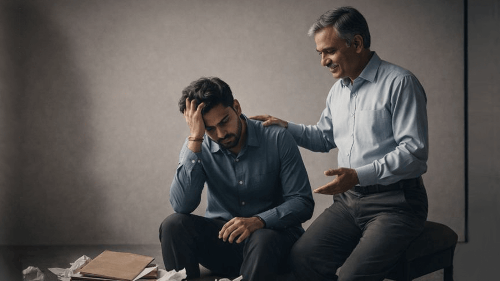 Frustrated new insurance advisor receiving guidance from senior mentor after facing client rejection