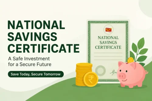 National Savings Certificate NSC Post Office savings scheme investment banner with guaranteed returns and tax benefits