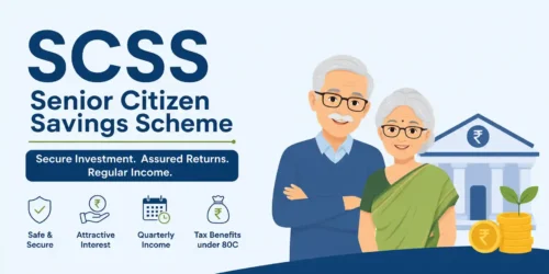 Senior Citizen Savings Scheme SCSS banner showing safe retirement investment with quarterly income and tax benefits